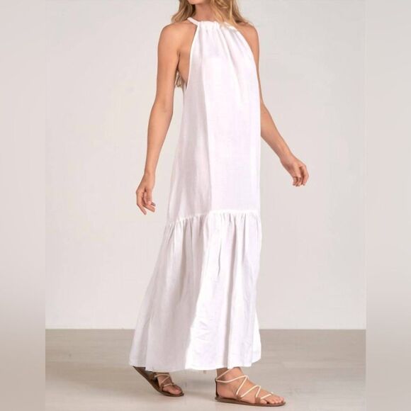 ELAN Linen Blend Tiered Halter Maxi Dress Relaxed Fit High Neck White Large NWT - Picture 2 of 15